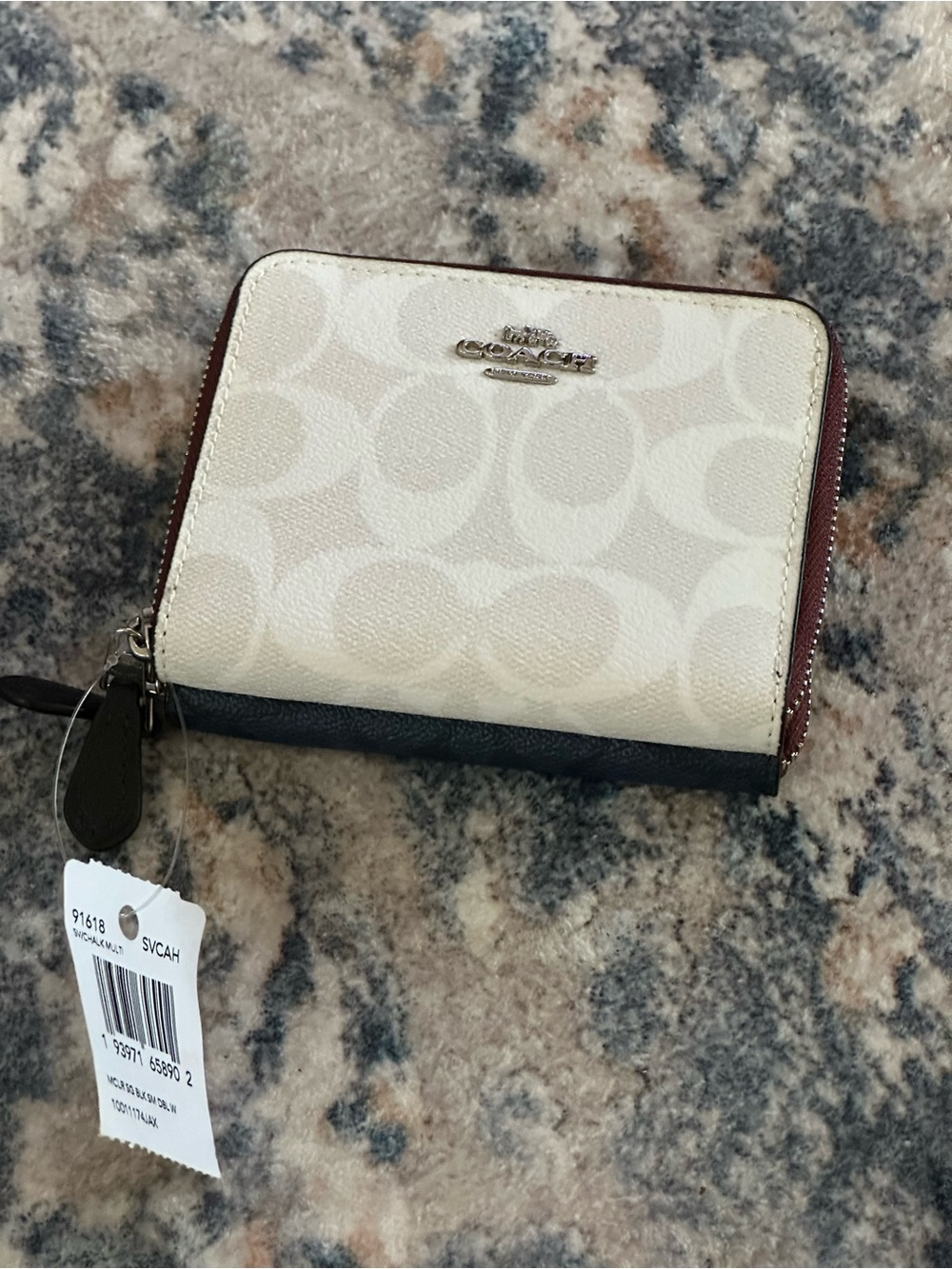 NWT Coach Signature Blue and White Double Zip Compact Wallet